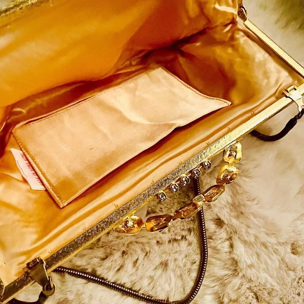 ♥️ Vintage Rhinestone Gold Women's Clutch Purse 60s Hong Kong